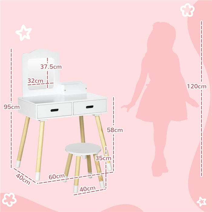 SET TOELETTA PER BAMBINI CON TAVOLO TRUCCO E SGABELLO SPECCHIO E 2 CASSETTI BIANCO E COLORE LEGNO