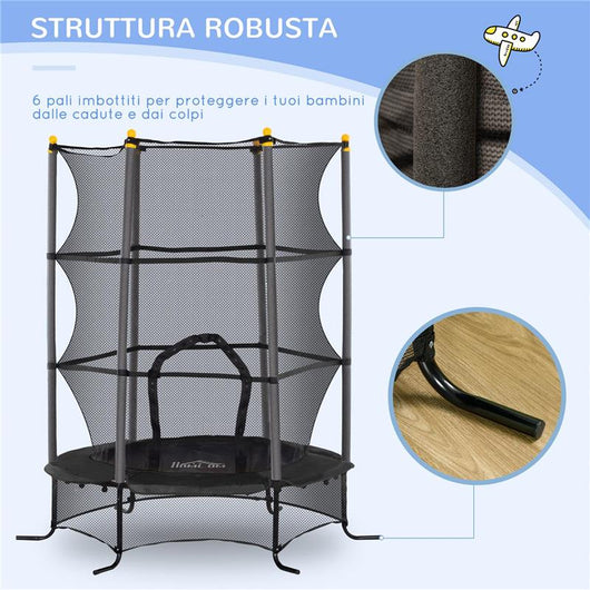 TRAMPOLINO ELASTICO PER BAMBINI Ï1.6X1.9 M CON RETE DI SICUREZZA E PALI IMBOTTITI, ETÓ 3-10 ANNI, NERO