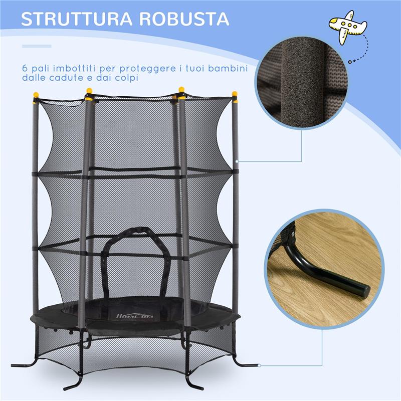 TRAMPOLINO ELASTICO PER BAMBINI Ï1.6X1.9 M CON RETE DI SICUREZZA E PALI IMBOTTITI, ETÓ 3-10 ANNI, NERO