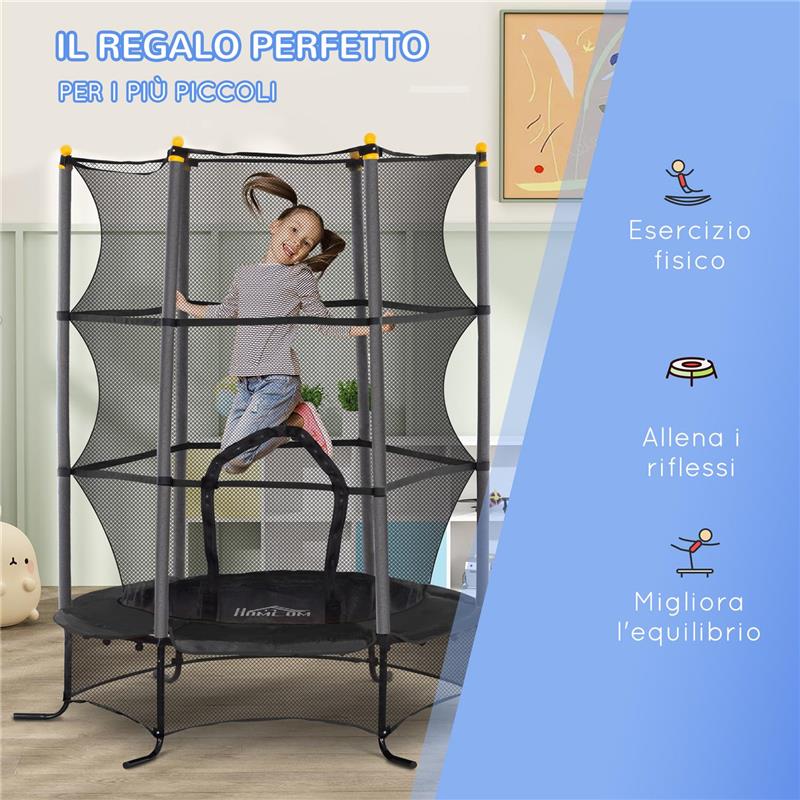 TRAMPOLINO ELASTICO PER BAMBINI Ï1.6X1.9 M CON RETE DI SICUREZZA E PALI IMBOTTITI, ETÓ 3-10 ANNI, NERO