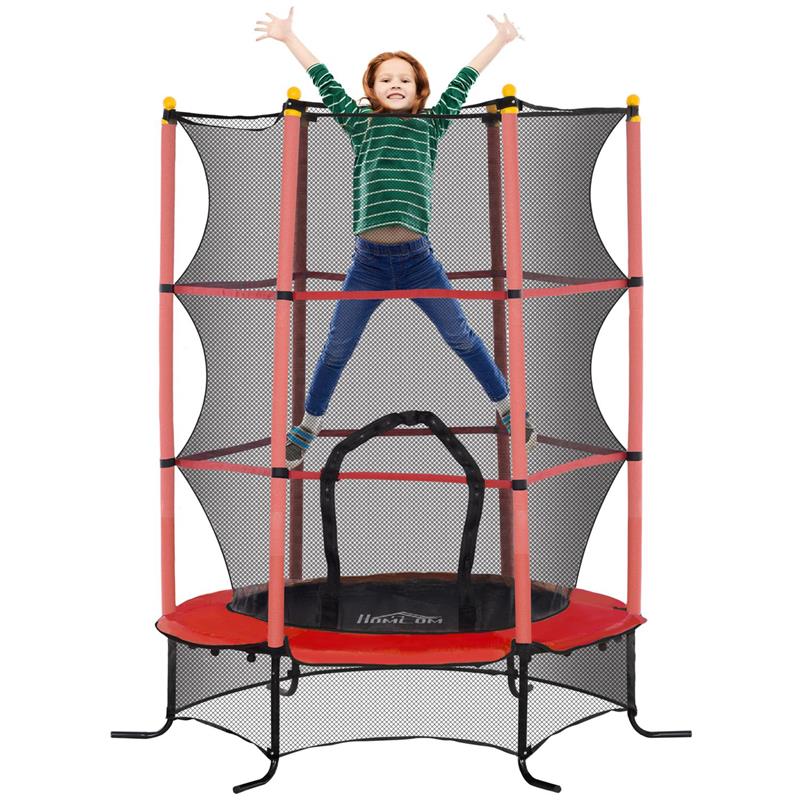 TRAMPOLINO ELASTICO PER BAMBINI Ï1.6X1.9 M CON RETE DI SICUREZZA E PALI IMBOTTITI, ETÓ 3-10 ANNI, ROSSO