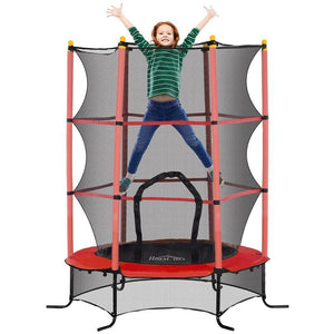 TRAMPOLINO ELASTICO PER BAMBINI Ï1.6X1.9 M CON RETE DI SICUREZZA E PALI IMBOTTITI, ETÓ 3-10 ANNI, ROSSO