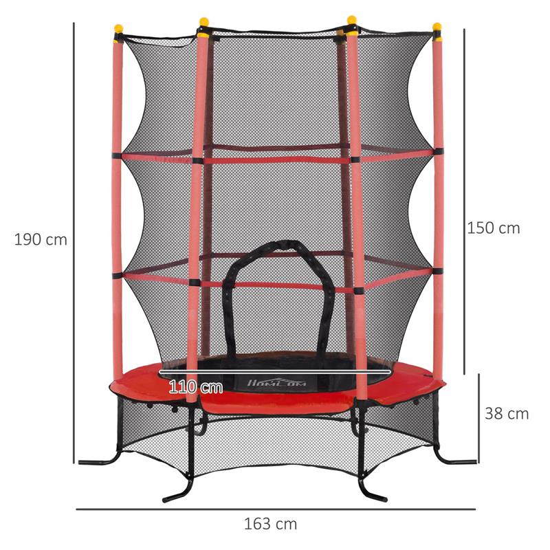 TRAMPOLINO ELASTICO PER BAMBINI Ï1.6X1.9 M CON RETE DI SICUREZZA E PALI IMBOTTITI, ETÓ 3-10 ANNI, ROSSO