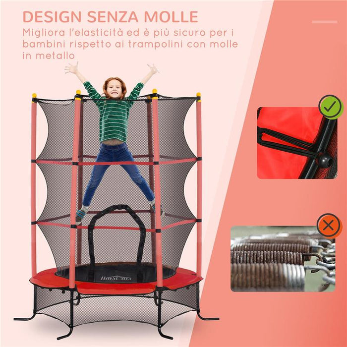 TRAMPOLINO ELASTICO PER BAMBINI Ï1.6X1.9 M CON RETE DI SICUREZZA E PALI IMBOTTITI, ETÓ 3-10 ANNI, ROSSO