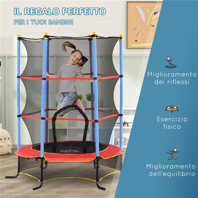TRAMPOLINO PER BAMBINI CON TAPPETO ELASTICO, RETE DI SICUREZZA E PALI IMBOTTITI, ETÓ 3-10 ANNI, BLU