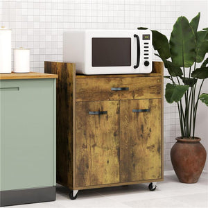 CARRELLO DA CUCINA CON CASSETTO ARMADIETTO E 4 RUOTE IN LEGNO 60X40X77CM MARRONE RUSTICO