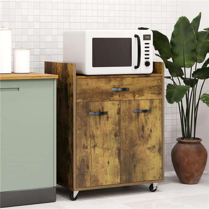 CARRELLO DA CUCINA CON CASSETTO ARMADIETTO E 4 RUOTE IN LEGNO 60X40X77CM MARRONE RUSTICO