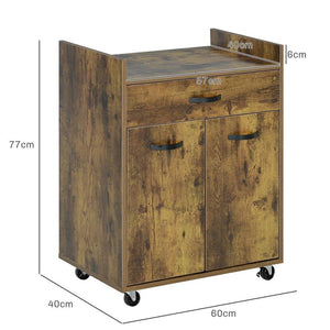 CARRELLO DA CUCINA CON CASSETTO ARMADIETTO E 4 RUOTE IN LEGNO 60X40X77CM MARRONE RUSTICO