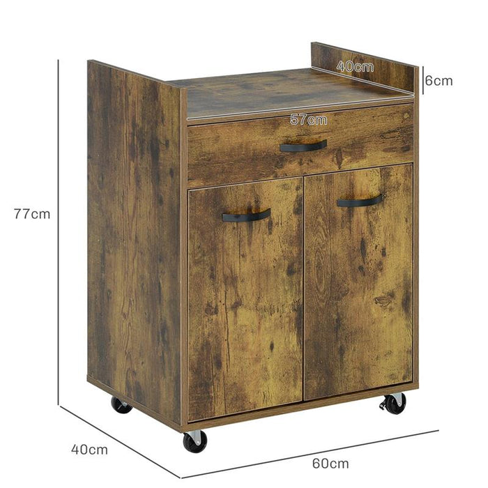 CARRELLO DA CUCINA CON CASSETTO ARMADIETTO E 4 RUOTE IN LEGNO 60X40X77CM MARRONE RUSTICO