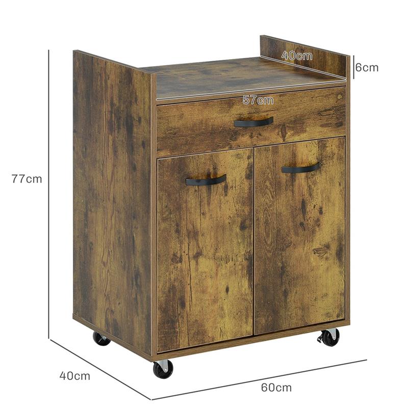 CARRELLO DA CUCINA CON CASSETTO ARMADIETTO E 4 RUOTE IN LEGNO 60X40X77CM MARRONE RUSTICO