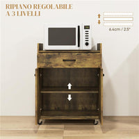 CARRELLO DA CUCINA CON CASSETTO ARMADIETTO E 4 RUOTE IN LEGNO 60X40X77CM MARRONE RUSTICO