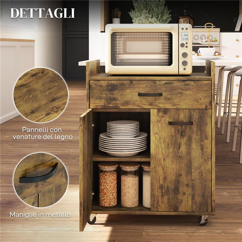 CARRELLO DA CUCINA CON CASSETTO ARMADIETTO E 4 RUOTE IN LEGNO 60X40X77CM MARRONE RUSTICO