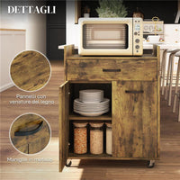 CARRELLO DA CUCINA CON CASSETTO ARMADIETTO E 4 RUOTE IN LEGNO 60X40X77CM MARRONE RUSTICO