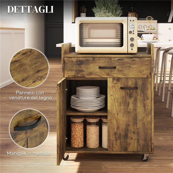 CARRELLO DA CUCINA CON CASSETTO ARMADIETTO E 4 RUOTE IN LEGNO 60X40X77CM MARRONE RUSTICO