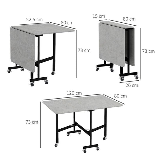 TAVOLO PIEGHEVOLE A RIBALTA PER 4-6 PERSONE CON 6 ROTELLE, IN LEGNO E ACCIAIO, 120X80X73 CM, GRIGIO