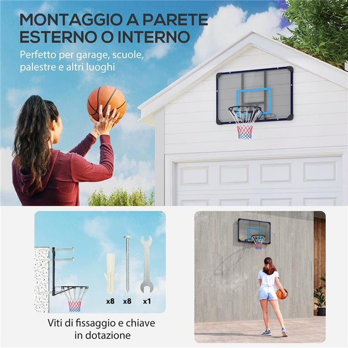 CANESTRO BASKET DA MURO CON TABELLONE INFRANGIBILE E CERCHIO IN ACCIAIO 113X61X73 CM