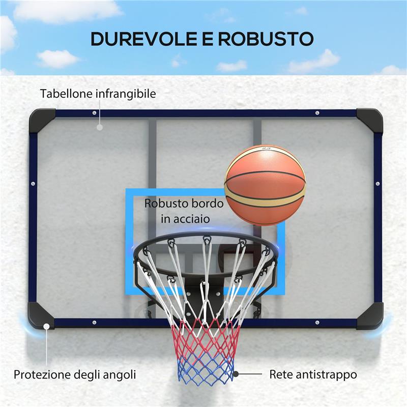 CANESTRO BASKET DA MURO CON TABELLONE INFRANGIBILE E CERCHIO IN ACCIAIO 113X61X73 CM