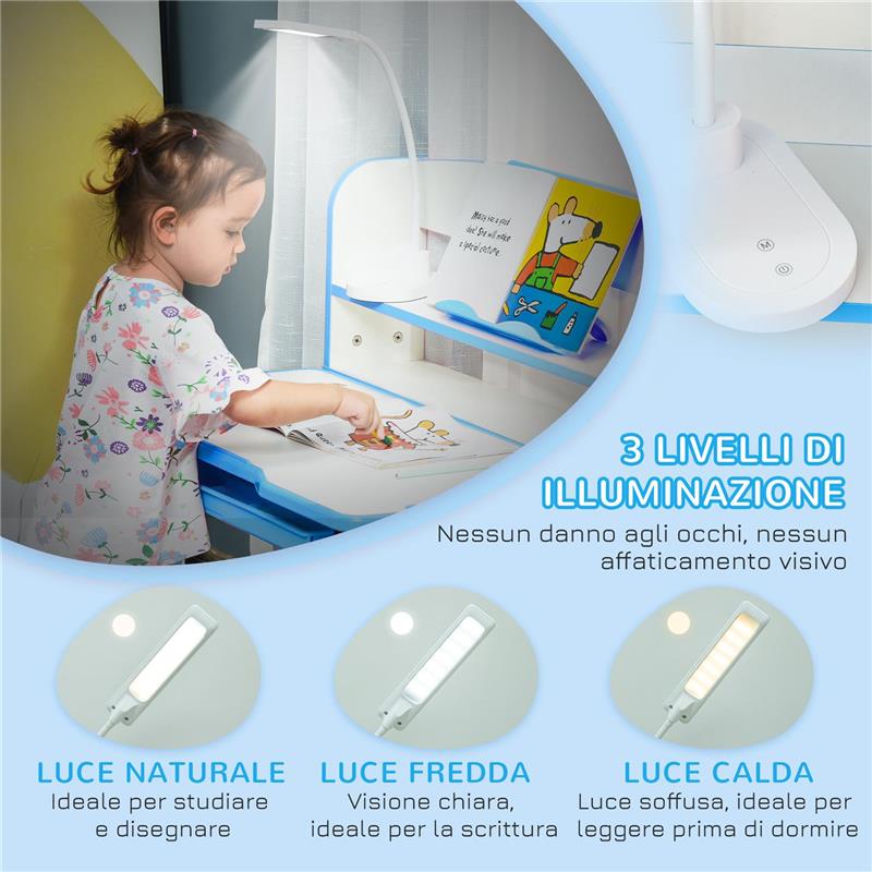 BANCO SCUOLA PER BAMBINI 6-12 ANNI REGOLABILE CON LUCE LED LEGGIO E PORTAPENNE IN MDF PP E ACCIAIO AZZURRO