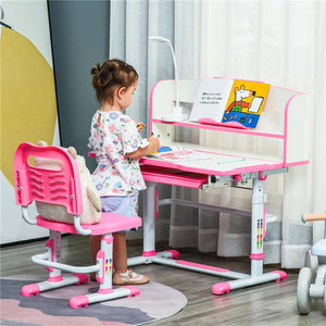 BANCO SCUOLA PER BAMBINI 6-12 ANNI REGOLABILE CON LUCE LED LEGGIO E PORTAPENNE IN MDF PP E ACCIAIO ROSA