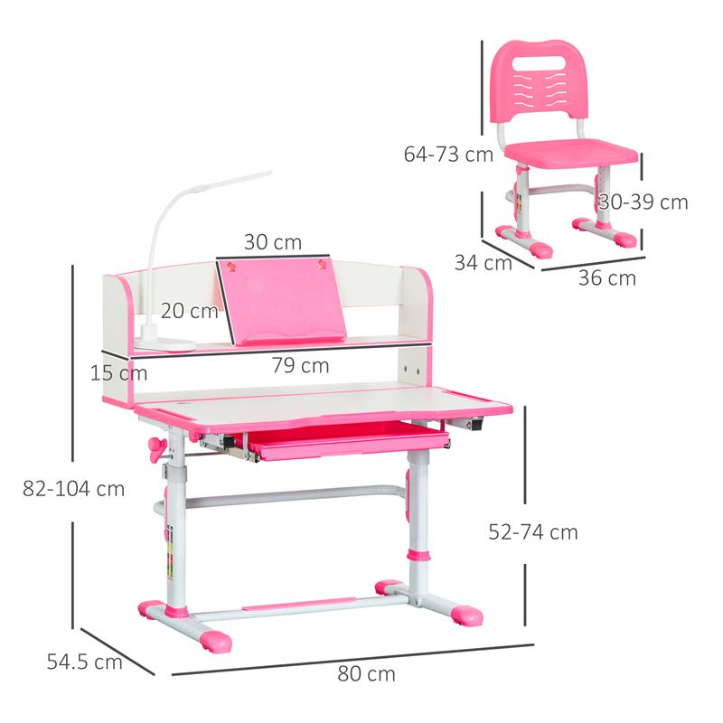 BANCO SCUOLA PER BAMBINI 6-12 ANNI REGOLABILE CON LUCE LED LEGGIO E PORTAPENNE IN MDF PP E ACCIAIO ROSA