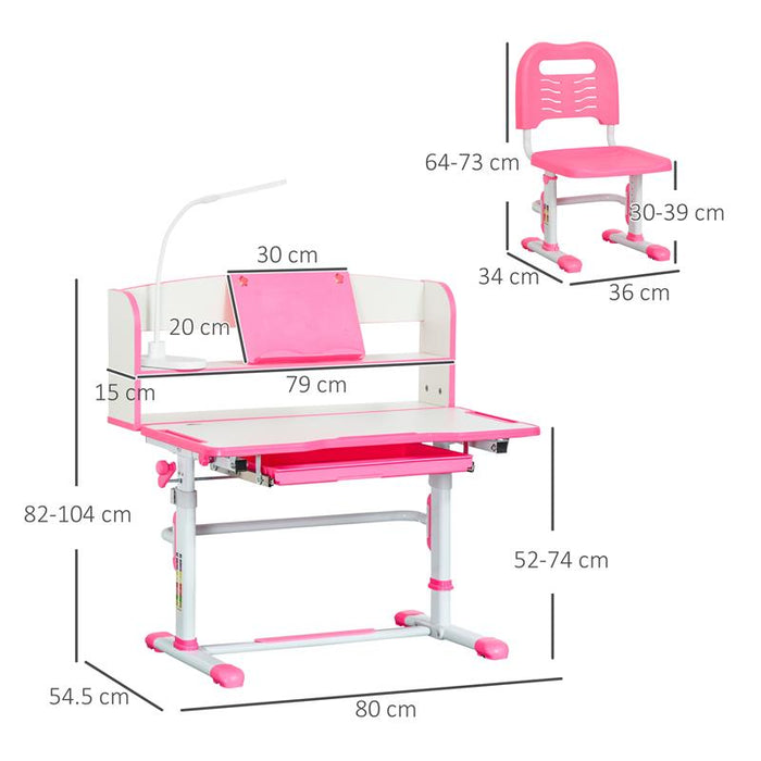 BANCO SCUOLA PER BAMBINI 6-12 ANNI REGOLABILE CON LUCE LED LEGGIO E PORTAPENNE IN MDF PP E ACCIAIO ROSA