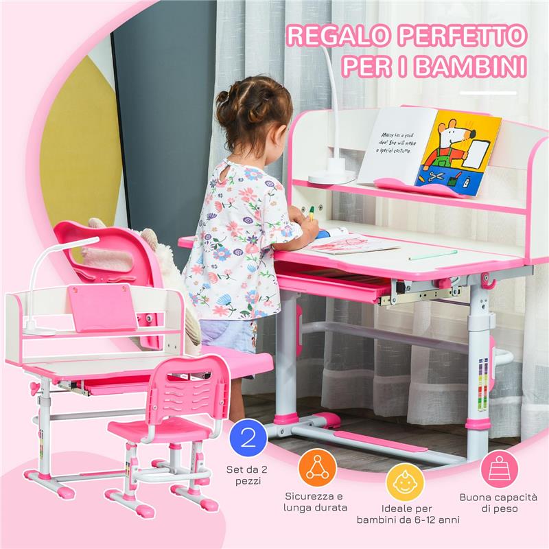 BANCO SCUOLA PER BAMBINI 6-12 ANNI REGOLABILE CON LUCE LED LEGGIO E PORTAPENNE IN MDF PP E ACCIAIO ROSA