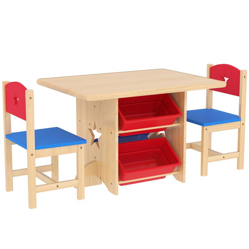 SET TAVOLO E SEDIE PER BAMBINI 3-7 ANNI CON 2 SEDIE E TAVOLO CON 4 CONTENITORI IN LEGNO E PP COLOR LEGNO