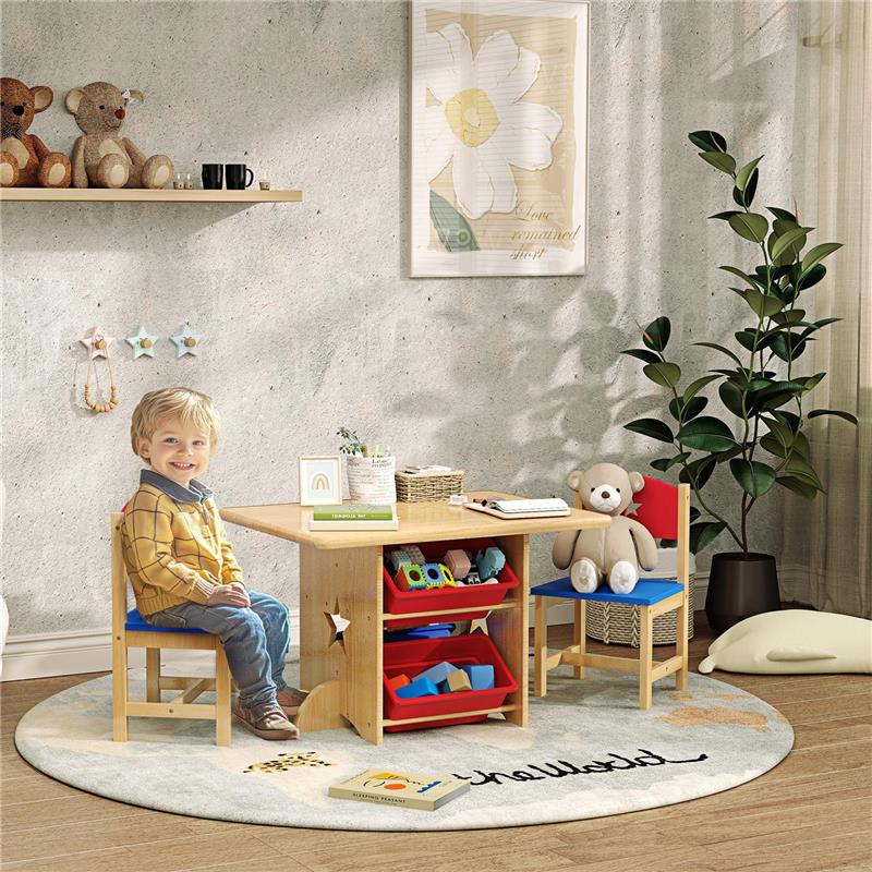 SET TAVOLO E SEDIE PER BAMBINI 3-7 ANNI CON 2 SEDIE E TAVOLO CON 4 CONTENITORI IN LEGNO E PP COLOR LEGNO