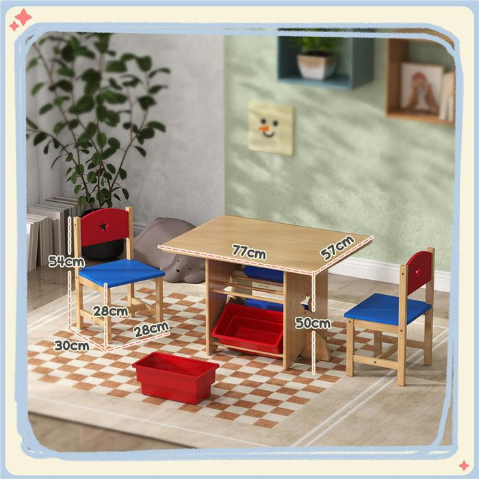 SET TAVOLO E SEDIE PER BAMBINI 3-7 ANNI CON 2 SEDIE E TAVOLO CON 4 CONTENITORI IN LEGNO E PP COLOR LEGNO