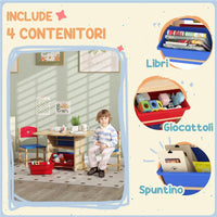 SET TAVOLO E SEDIE PER BAMBINI 3-7 ANNI CON 2 SEDIE E TAVOLO CON 4 CONTENITORI IN LEGNO E PP COLOR LEGNO