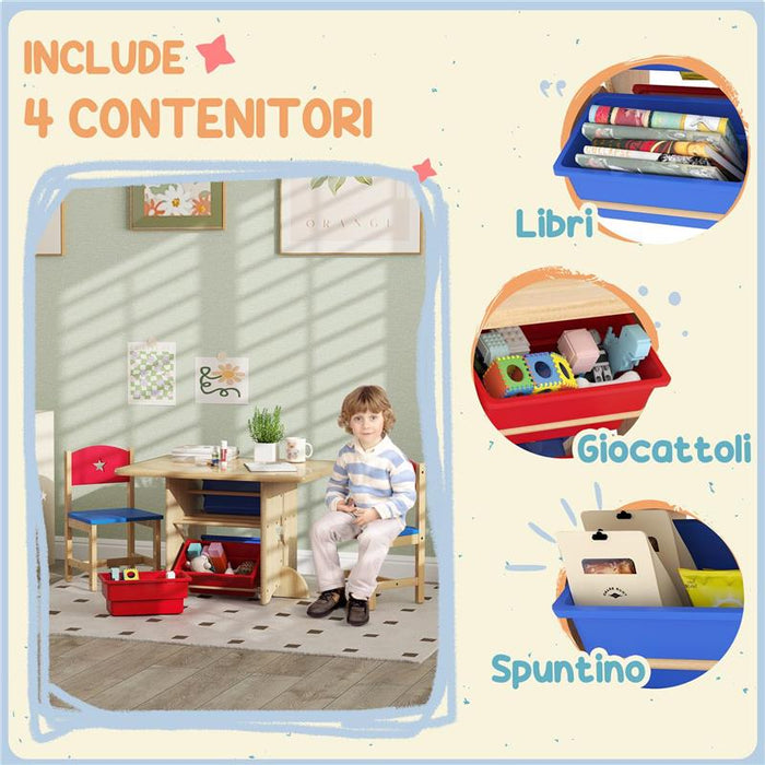 SET TAVOLO E SEDIE PER BAMBINI 3-7 ANNI CON 2 SEDIE E TAVOLO CON 4 CONTENITORI IN LEGNO E PP COLOR LEGNO
