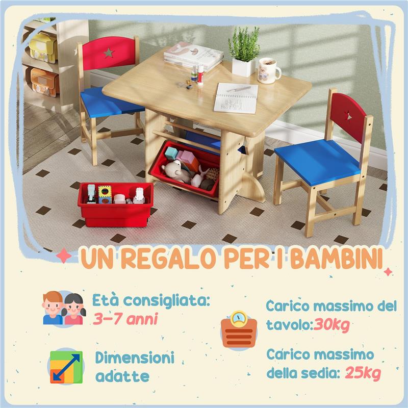 SET TAVOLO E SEDIE PER BAMBINI 3-7 ANNI CON 2 SEDIE E TAVOLO CON 4 CONTENITORI IN LEGNO E PP COLOR LEGNO