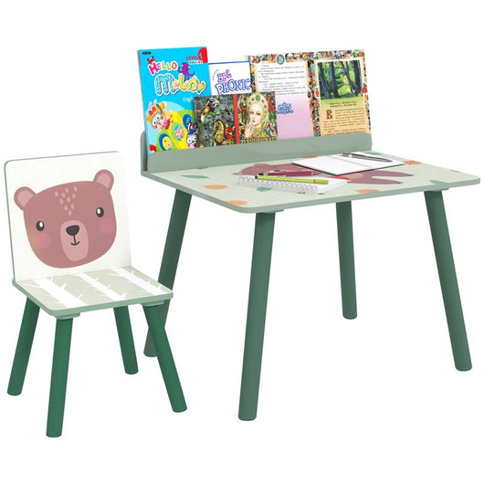 SET SEDIA E TAVOLINO PER BAMBINI CON RIPIANO PORTAOGGETTI IN MDF E LEGNO DI PINO VERDE