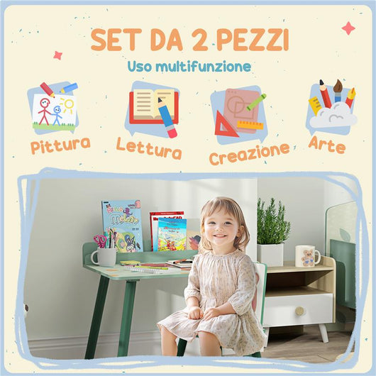 SET SEDIA E TAVOLINO PER BAMBINI CON RIPIANO PORTAOGGETTI IN MDF E LEGNO DI PINO VERDE