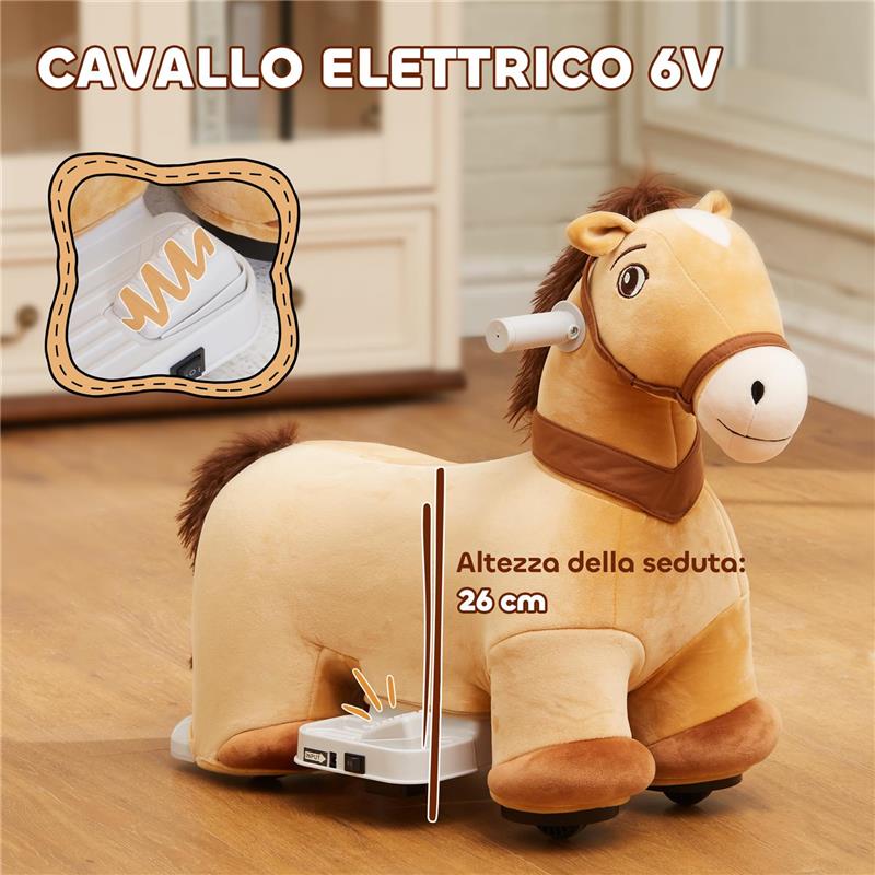 CAVALLO CAVALCABILE ELETTRICO 6V PER BAMBINI DA 18-36 MESI CON RUOTE IN PU E MUSICA 69X34X53 CM MARRONE