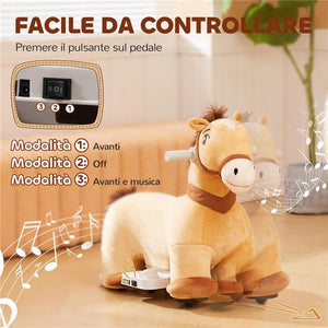 CAVALLO CAVALCABILE ELETTRICO 6V PER BAMBINI DA 18-36 MESI CON RUOTE IN PU E MUSICA 69X34X53 CM MARRONE