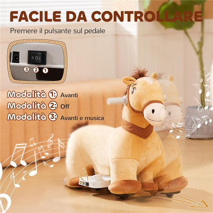 CAVALLO CAVALCABILE ELETTRICO 6V PER BAMBINI DA 18-36 MESI CON RUOTE IN PU E MUSICA 69X34X53 CM MARRONE