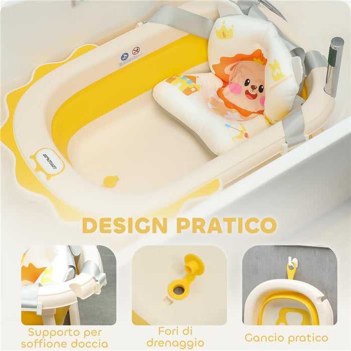 VASCHETTA BAGNETTO PIEGHEVOLE PER NEONATI CON CUSCINETTO E LAVABO, IN PLASTICA ANTISCIVOLO, 80.5X55X20 CM GIALLO