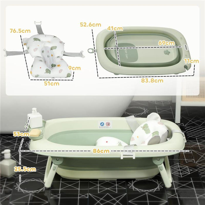 VASCHETTA BAGNETTO PIEGHEVOLE PER NEONATI CON CUSCINETTO E LAVABO, IN PLASTICA ANTISCIVOLO, 86X53X25.5 CM, VERDE