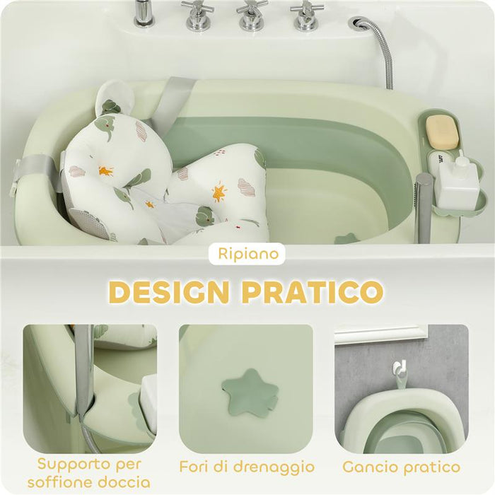 VASCHETTA BAGNETTO PIEGHEVOLE PER NEONATI CON CUSCINETTO E LAVABO, IN PLASTICA ANTISCIVOLO, 86X53X25.5 CM, VERDE