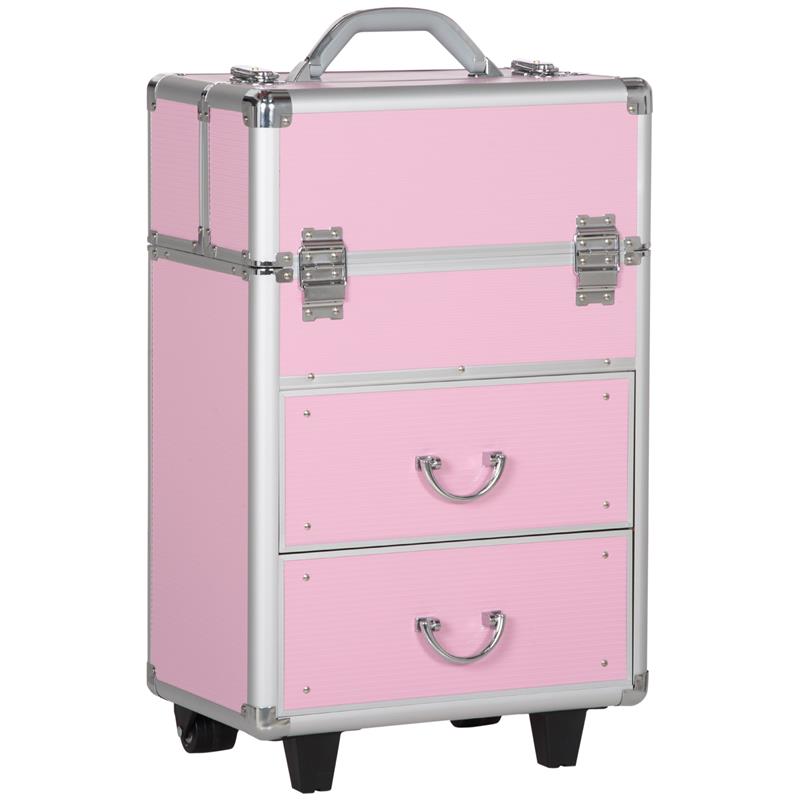VALIGETTA PORTA TRUCCHI PROFESSIONALE, TROLLEY MAKE UP RINFORZATO CON BLOCCO A 2 CHIAVI E RUOTE, 36X23X58 CM, ROSA