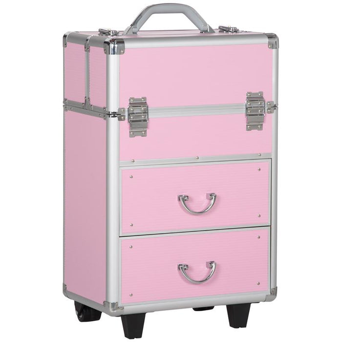 VALIGETTA PORTA TRUCCHI PROFESSIONALE, TROLLEY MAKE UP RINFORZATO CON BLOCCO A 2 CHIAVI E RUOTE, 36X23X58 CM, ROSA