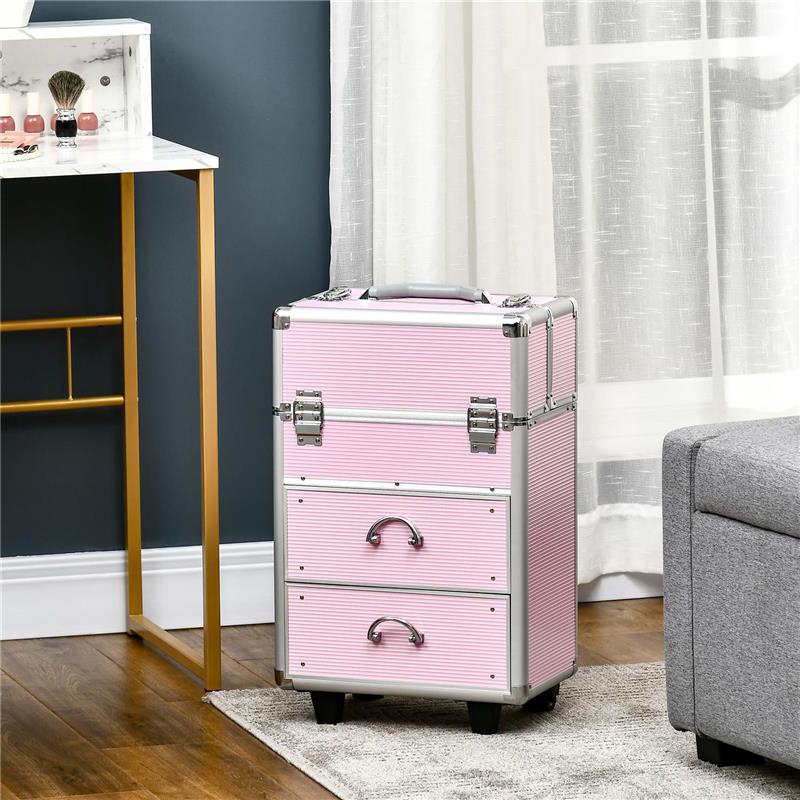 VALIGETTA PORTA TRUCCHI PROFESSIONALE, TROLLEY MAKE UP RINFORZATO CON BLOCCO A 2 CHIAVI E RUOTE, 36X23X58 CM, ROSA
