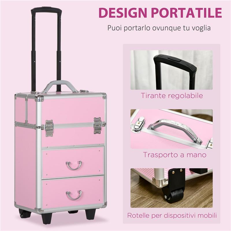 VALIGETTA PORTA TRUCCHI PROFESSIONALE, TROLLEY MAKE UP RINFORZATO CON BLOCCO A 2 CHIAVI E RUOTE, 36X23X58 CM, ROSA