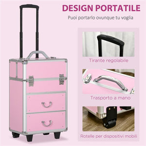 VALIGETTA PORTA TRUCCHI PROFESSIONALE, TROLLEY MAKE UP RINFORZATO CON BLOCCO A 2 CHIAVI E RUOTE, 36X23X58 CM, ROSA