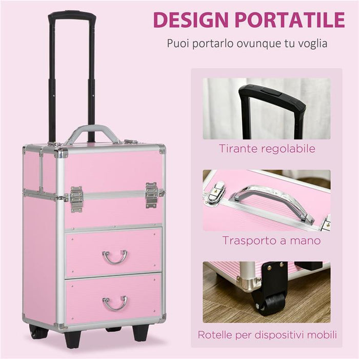 VALIGETTA PORTA TRUCCHI PROFESSIONALE, TROLLEY MAKE UP RINFORZATO CON BLOCCO A 2 CHIAVI E RUOTE, 36X23X58 CM, ROSA
