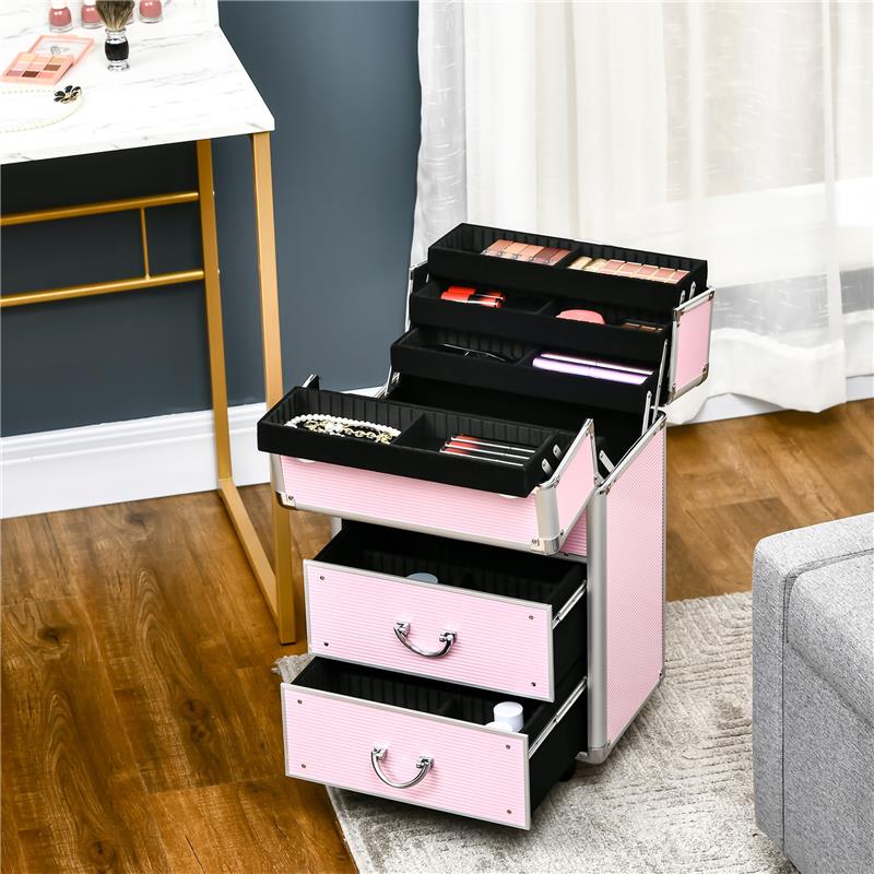 VALIGETTA PORTA TRUCCHI PROFESSIONALE, TROLLEY MAKE UP RINFORZATO CON BLOCCO A 2 CHIAVI E RUOTE, 36X23X58 CM, ROSA