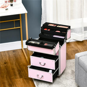 VALIGETTA PORTA TRUCCHI PROFESSIONALE, TROLLEY MAKE UP RINFORZATO CON BLOCCO A 2 CHIAVI E RUOTE, 36X23X58 CM, ROSA