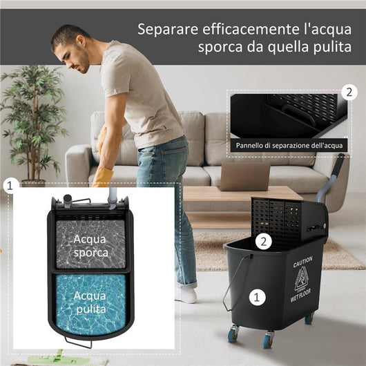 CARRELLO PER PULIZIE IN PLASTICA PP DA 20L CON SECCHIO E STRIZZATORE 60X27X70.5 CM NERO