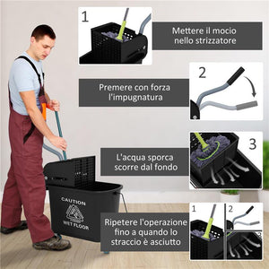 CARRELLO PER PULIZIE IN PLASTICA PP DA 20L CON SECCHIO E STRIZZATORE 60X27X70.5 CM NERO